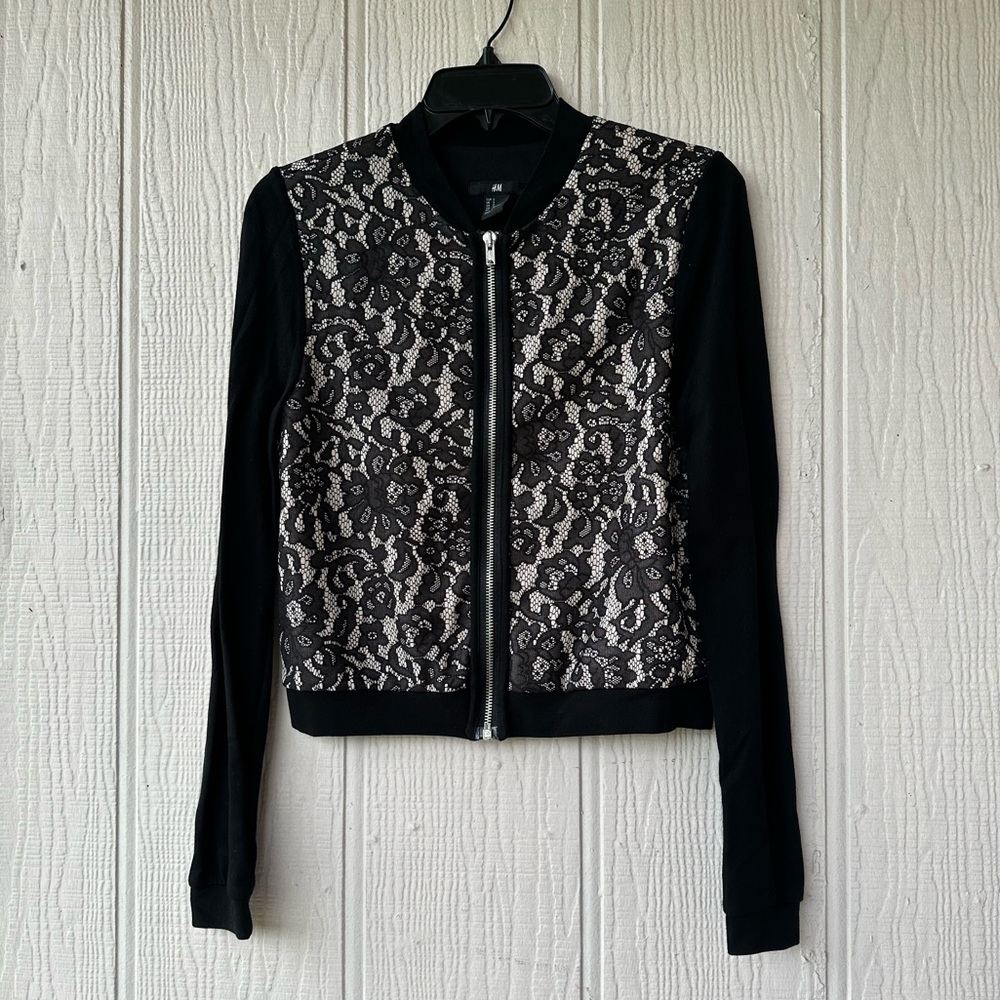H&M Black Floral Lace Zip Up Bomber Jacket